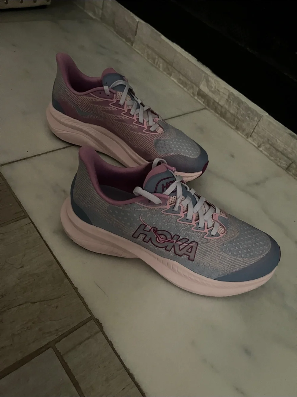 Hoka Women's Pink and Light Blue Athletic Running Shoes